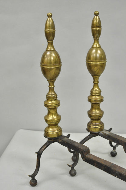 Antique English Federal Brass Branch Leg Cast Iron Fireplace Andirons - a Pair