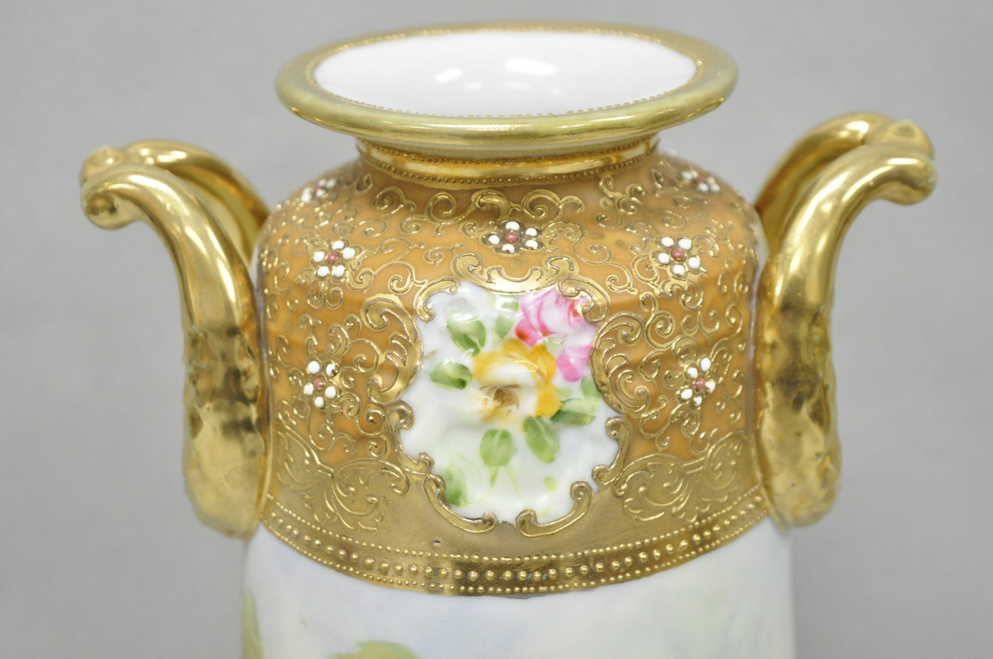 Antique Nippon Hand Painted Lake Scene Art Nouveau Twin Handle Porcelain Vase