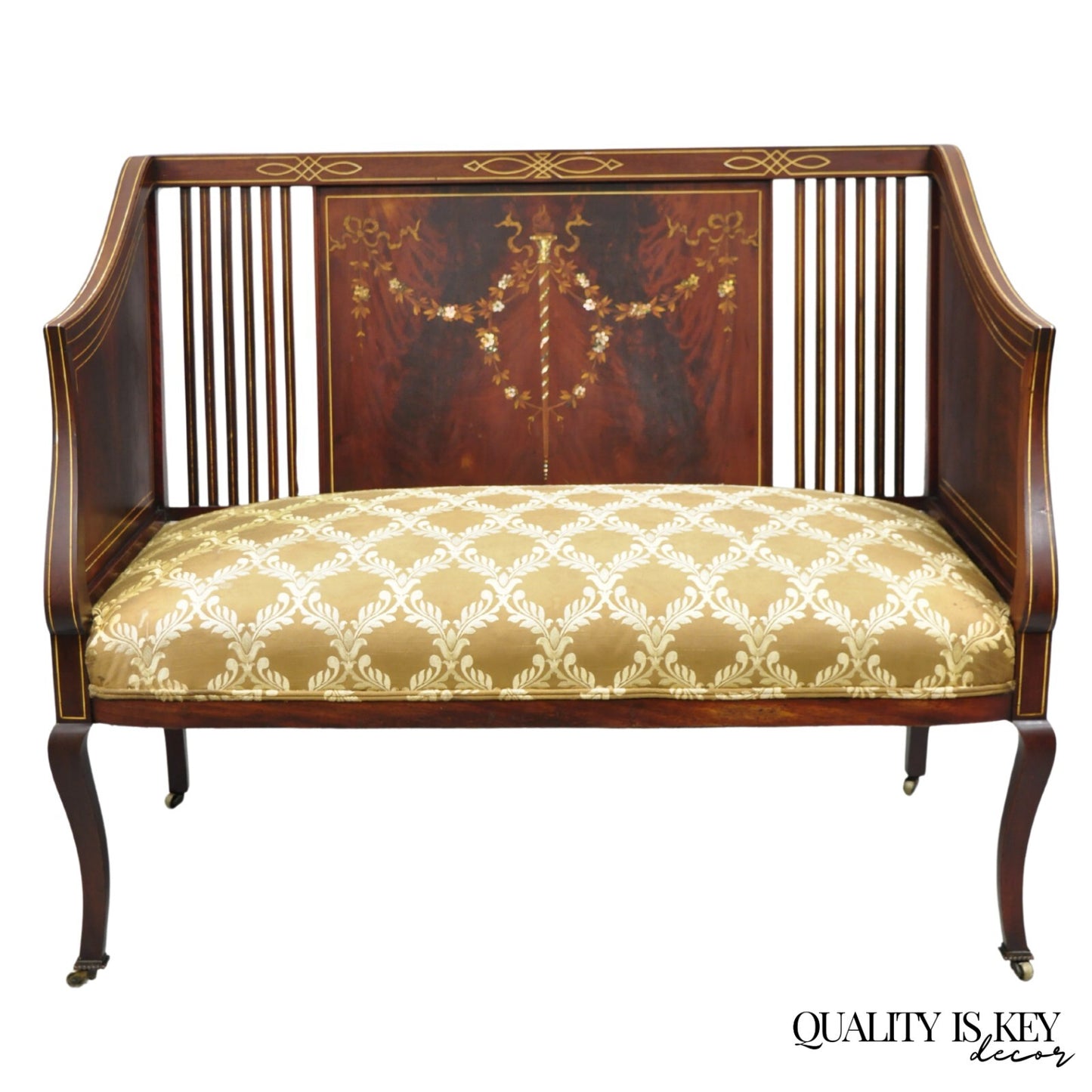 Antique Victorian Edwardian Mahogany Settee Loveseat w/ Mother of Pearl Inlay