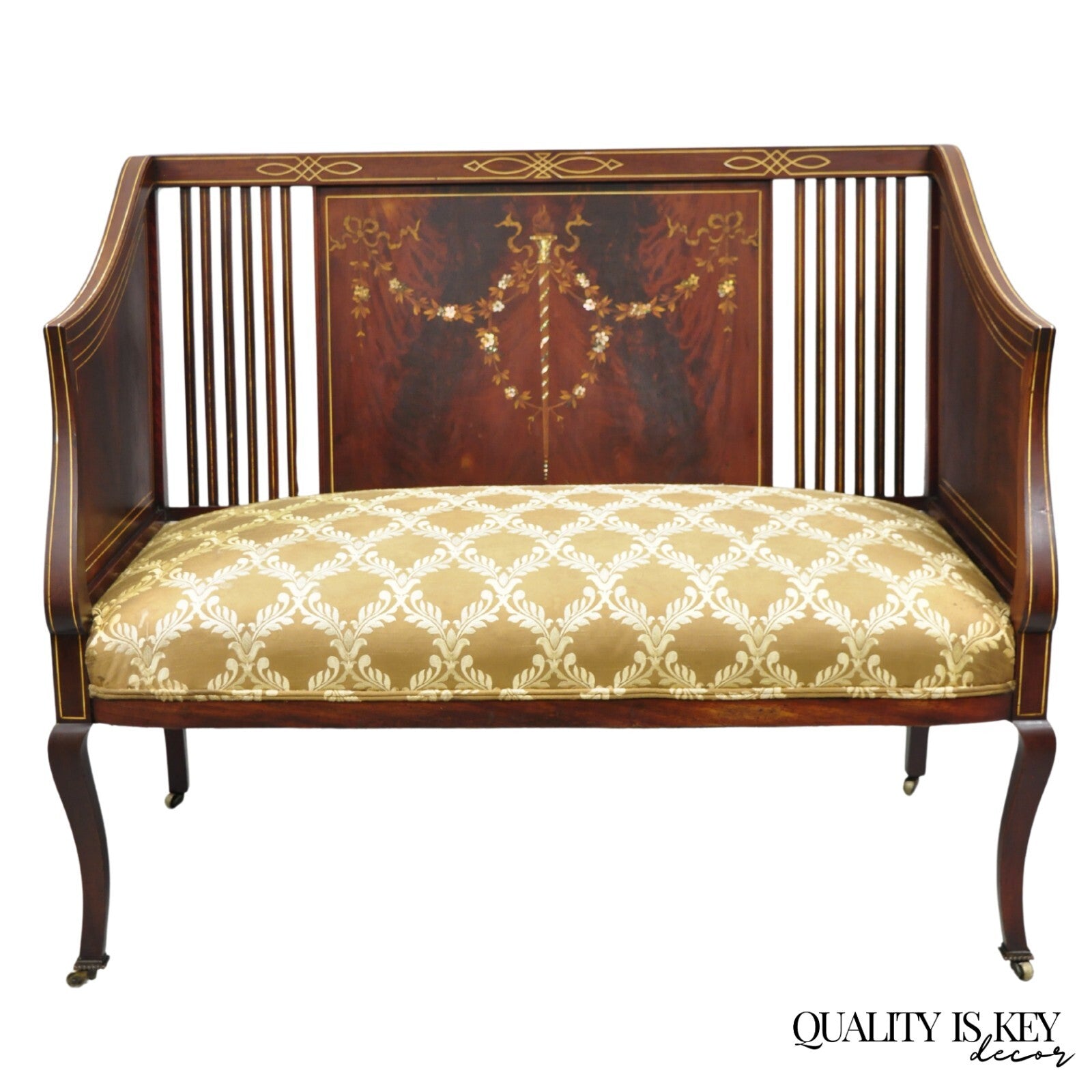 Antique Victorian Edwardian Mahogany Settee Loveseat w/ Mother of Pearl Inlay