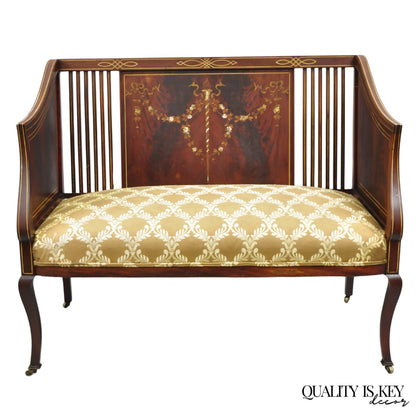 Antique Victorian Edwardian Mahogany Settee Loveseat w/ Mother of Pearl Inlay