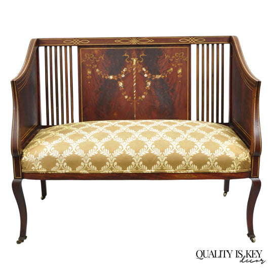 Antique Victorian Edwardian Mahogany Settee Loveseat w/ Mother of Pearl Inlay
