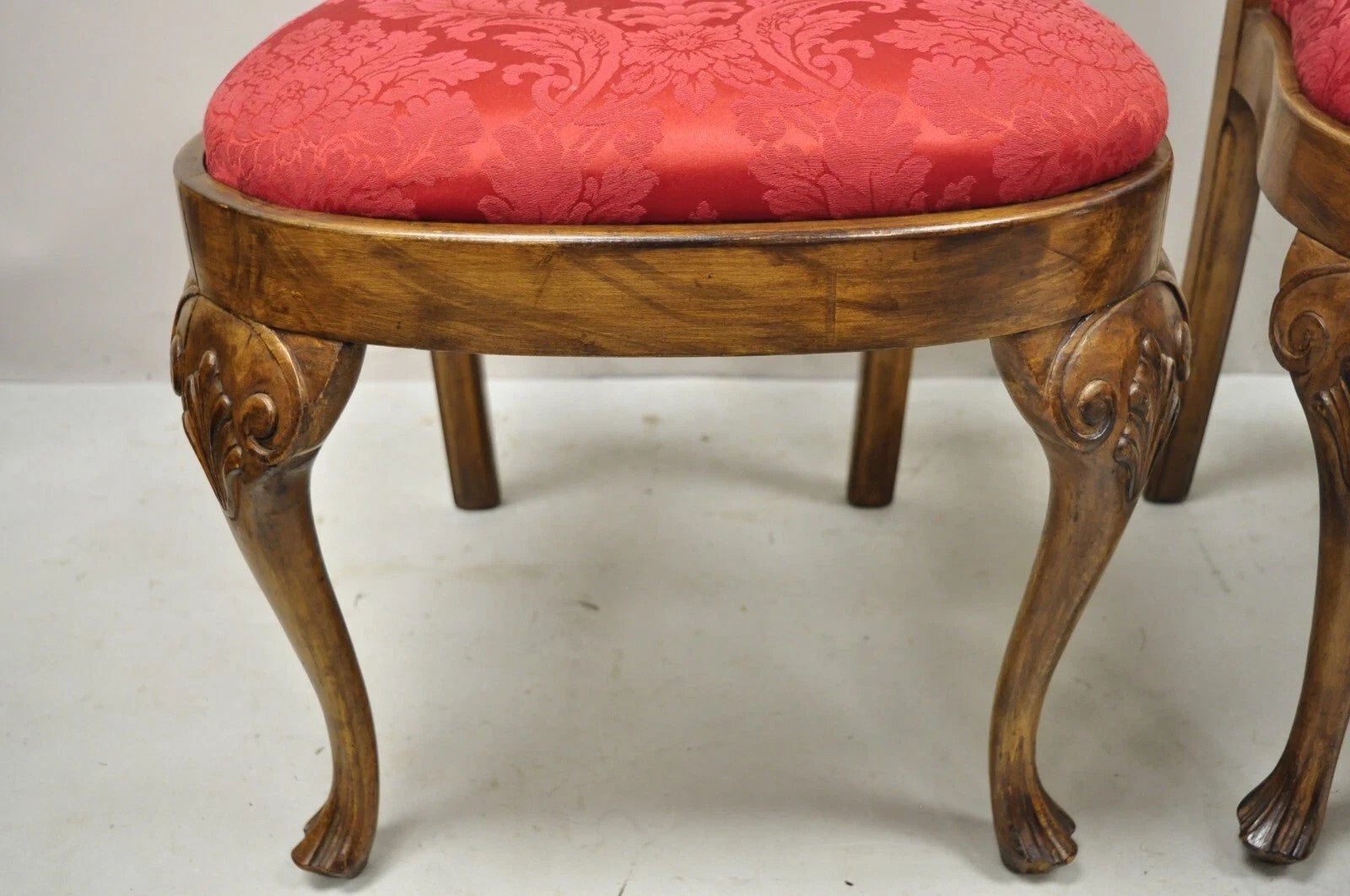 Vintage English Queen Anne Shell Carved Solid Wood Dining Side Chairs - Set of 8