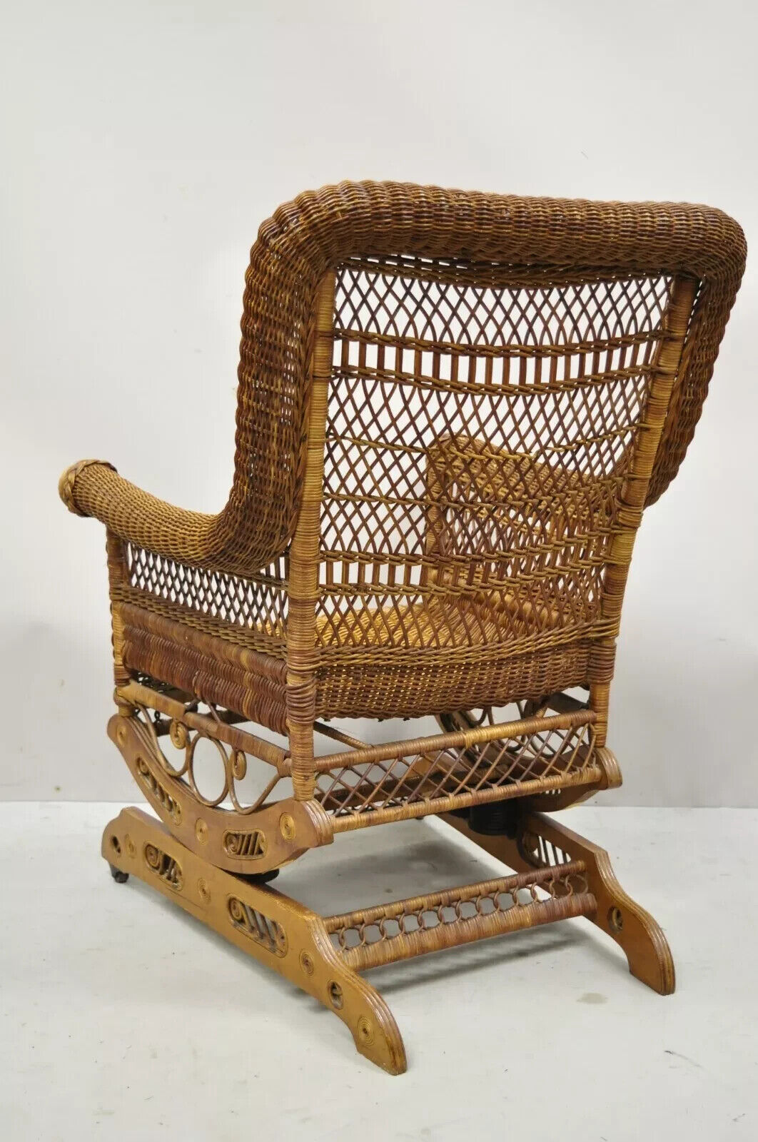 Antique Heywood Wakefield Victorian Woven Wicker Platform Rocker Rocking Chair