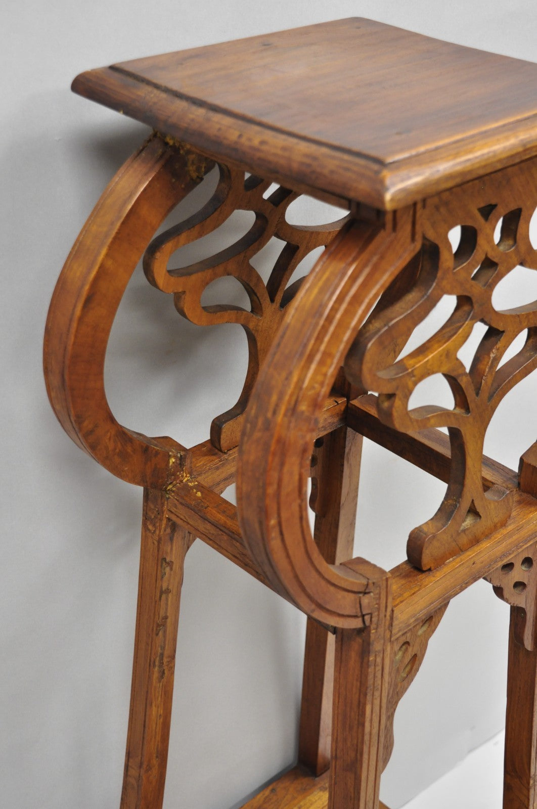 Vintage French Art Nouveau Style Carved Teak Pedestal Plant Stand Side Table