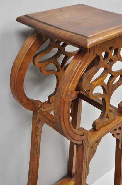 Vintage French Art Nouveau Style Carved Teak Pedestal Plant Stand Side Table