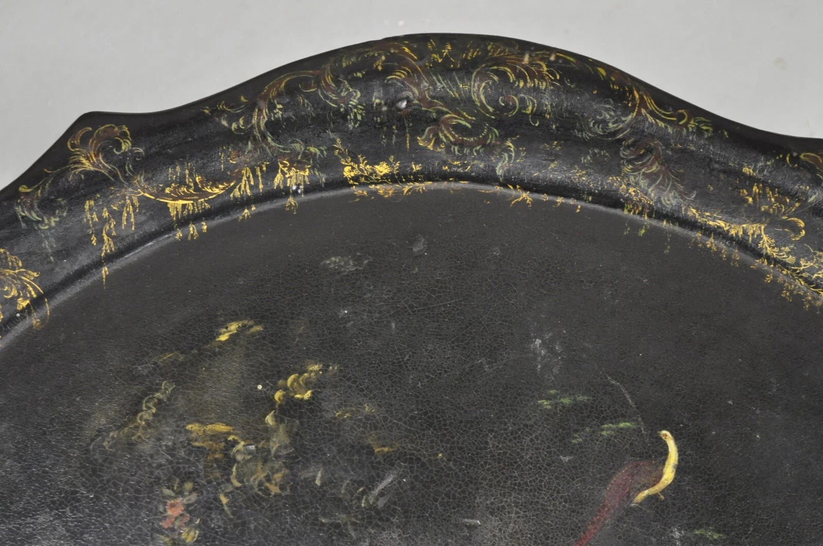 Antique French Papier Mache Tole Hand Painted Fruit Still Life and Bird Tray