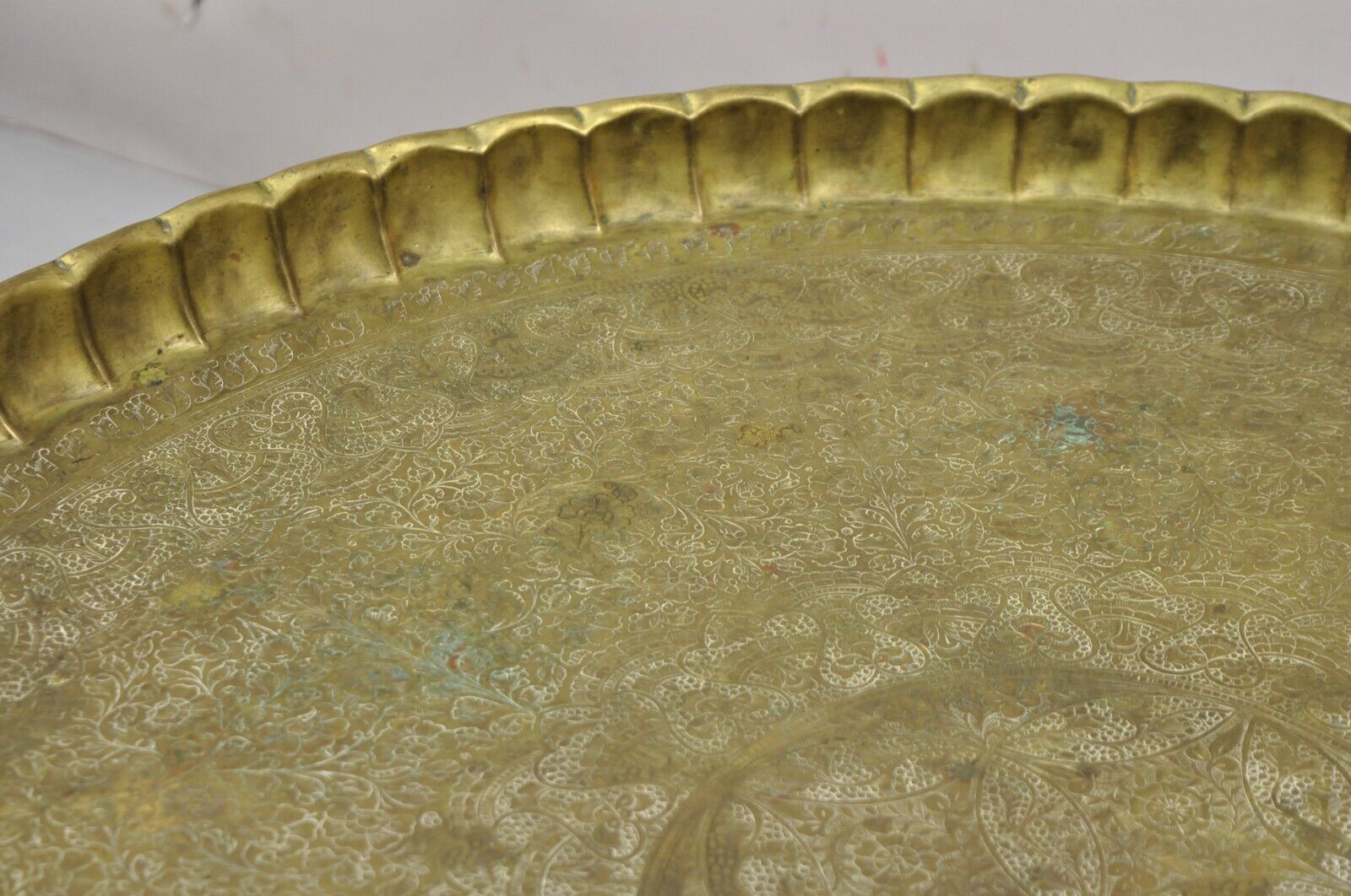 Vintage Moroccan Middle Eastern Solid Brass Large Round Engraved 33.5" Tray Top