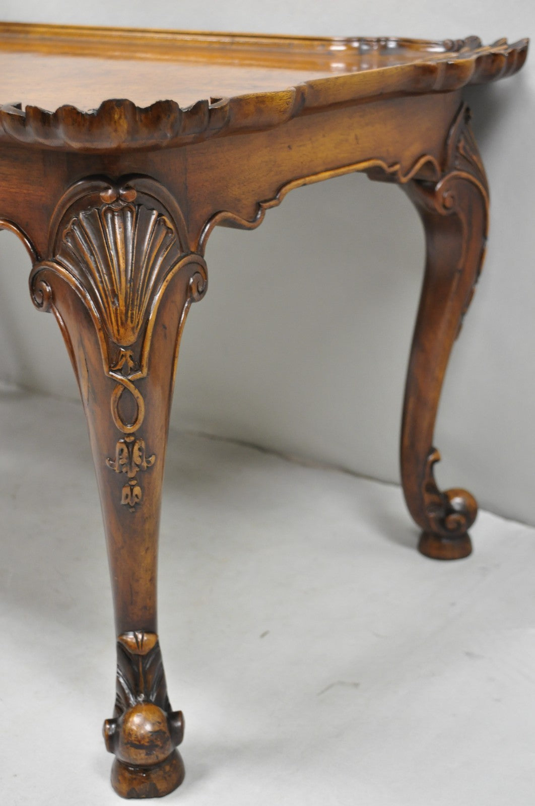 Antique English Georgian Style Burl Walnut Shell Carved Scalloped Coffee Table