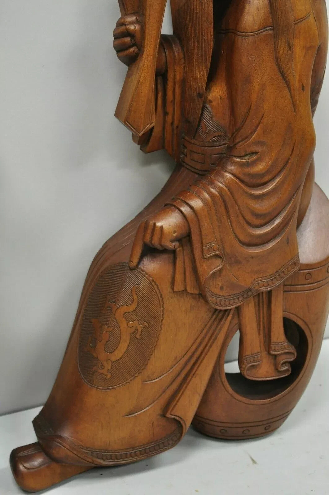 Vintage Ricardo Lynn Carved Teak Wood Oriental Figures Flute Player Wiseman Pair