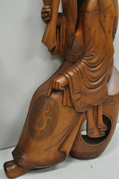Vintage Ricardo Lynn Carved Teak Wood Oriental Figures Flute Player Wiseman Pair