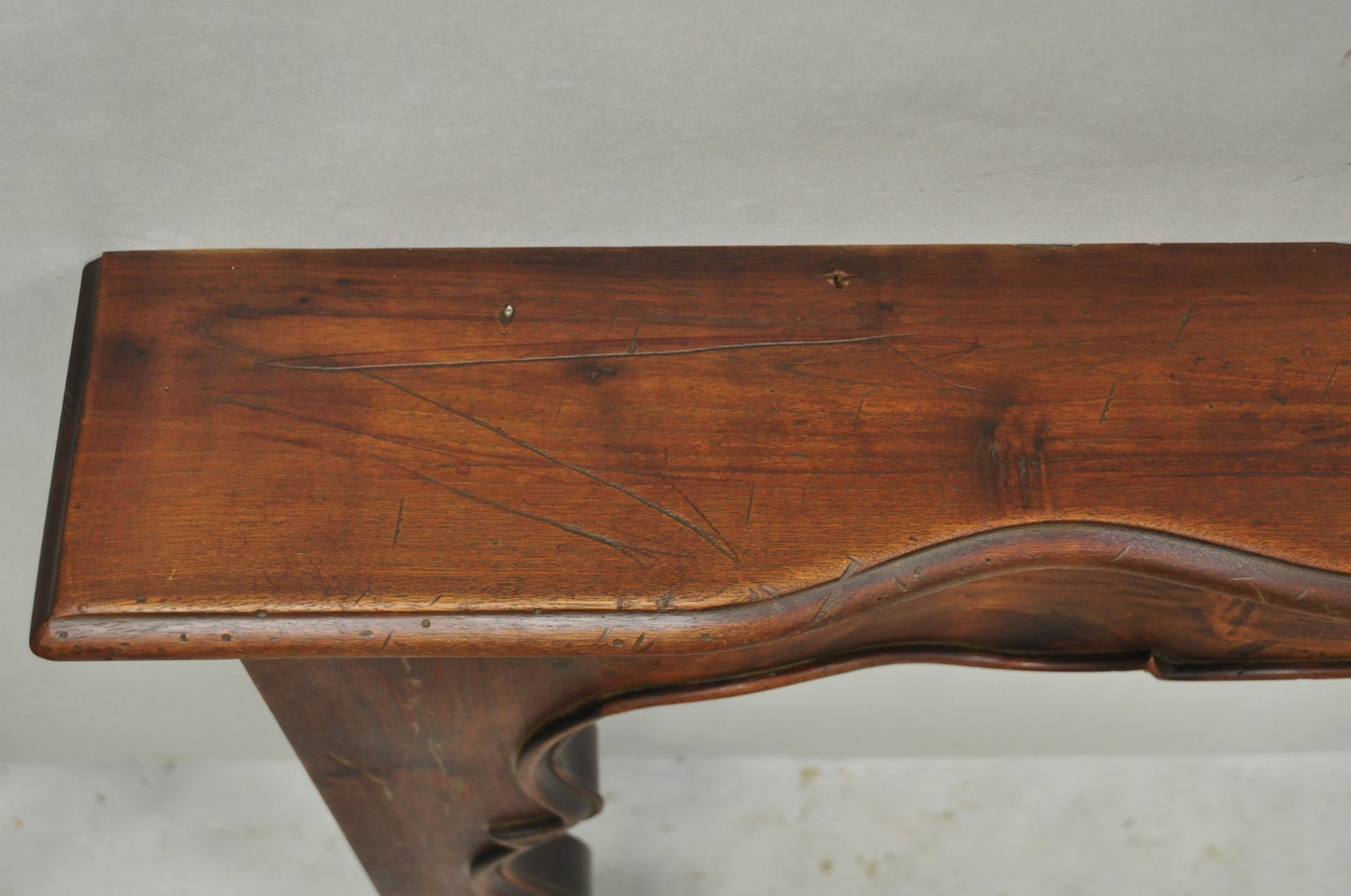 Antique Italian Provincial Carved Serpentine Scalloped Walnut Fireplace Mantel