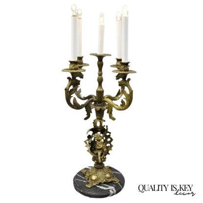 Vintage French Rococo Style Figural Cherub Brass & Marble Candelabra Table Lamp