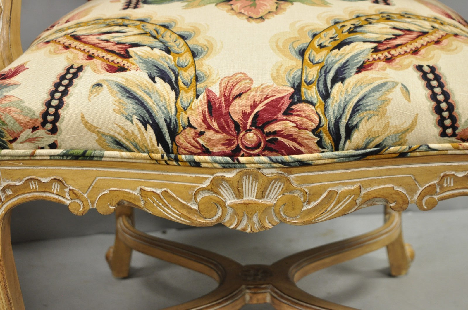 Vintage French Country Louis XV Style Carved Wood Lounge Arm Chairs - a Pair