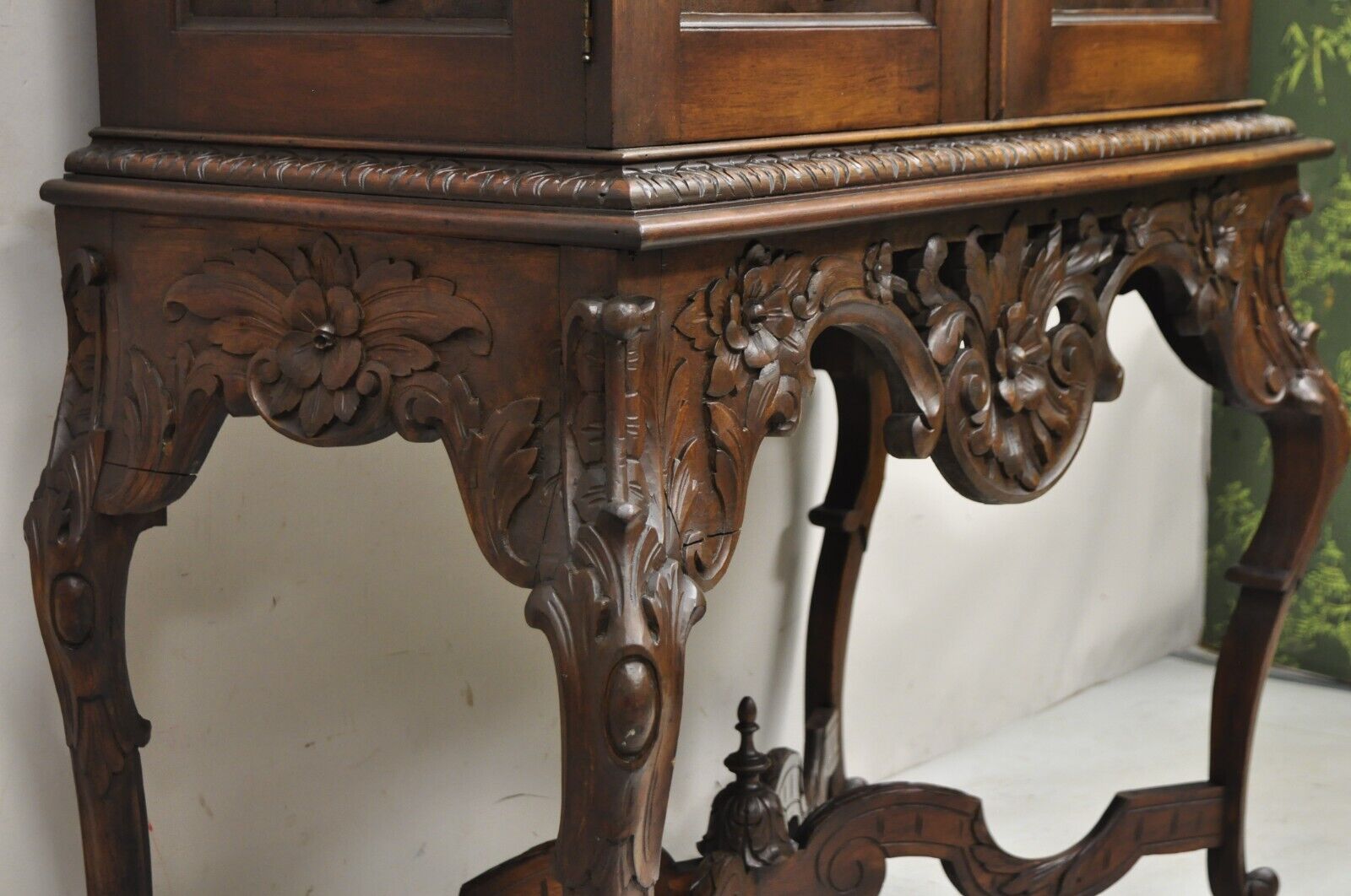 Antique French Renaissance Flower Carved Walnut China Cabinet Radio Bar Cabinet