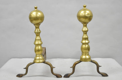 Antique English Colonial Brass Cannonball Branch Leg Andirons w/ Patina - a Pair