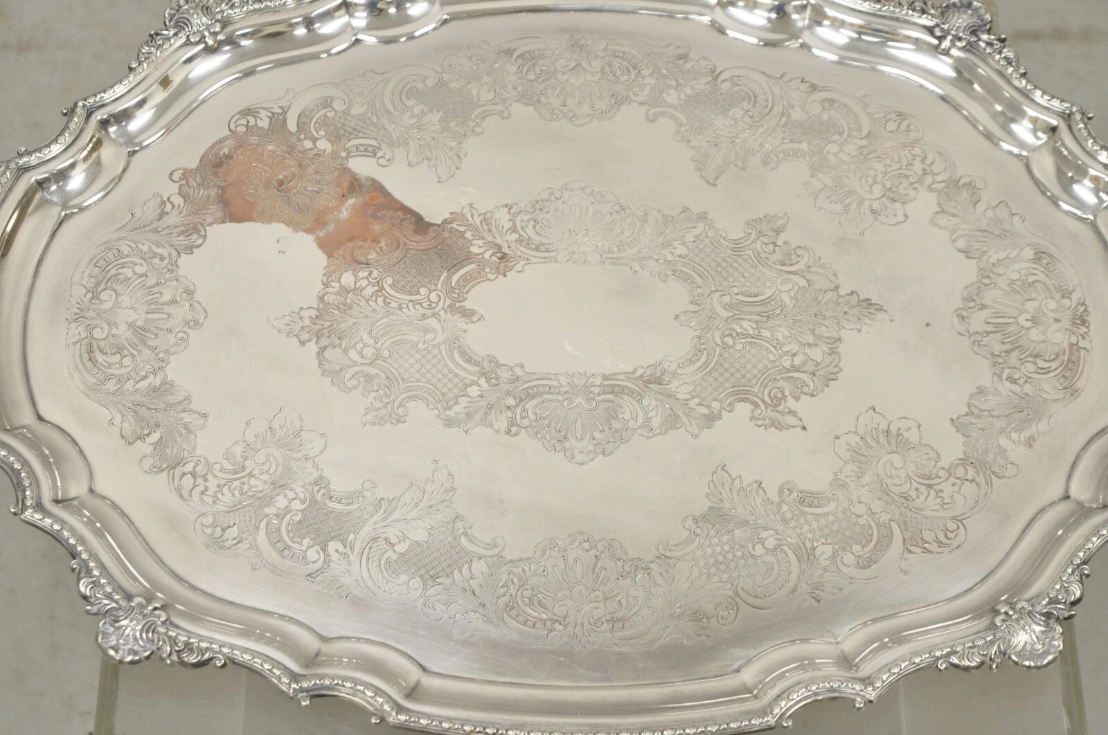 Antique English Victorian Silver Plated Ornate Oval Serving Platter Bar Tray
