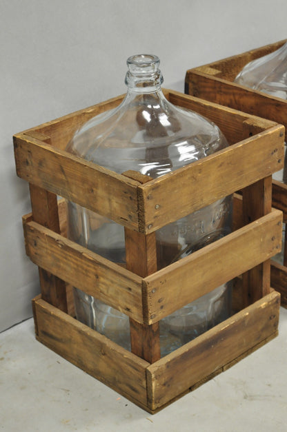 Vintage Great Bear Clear 5 Gallon Glass Carboy Jug in Wooden Crate - Pair