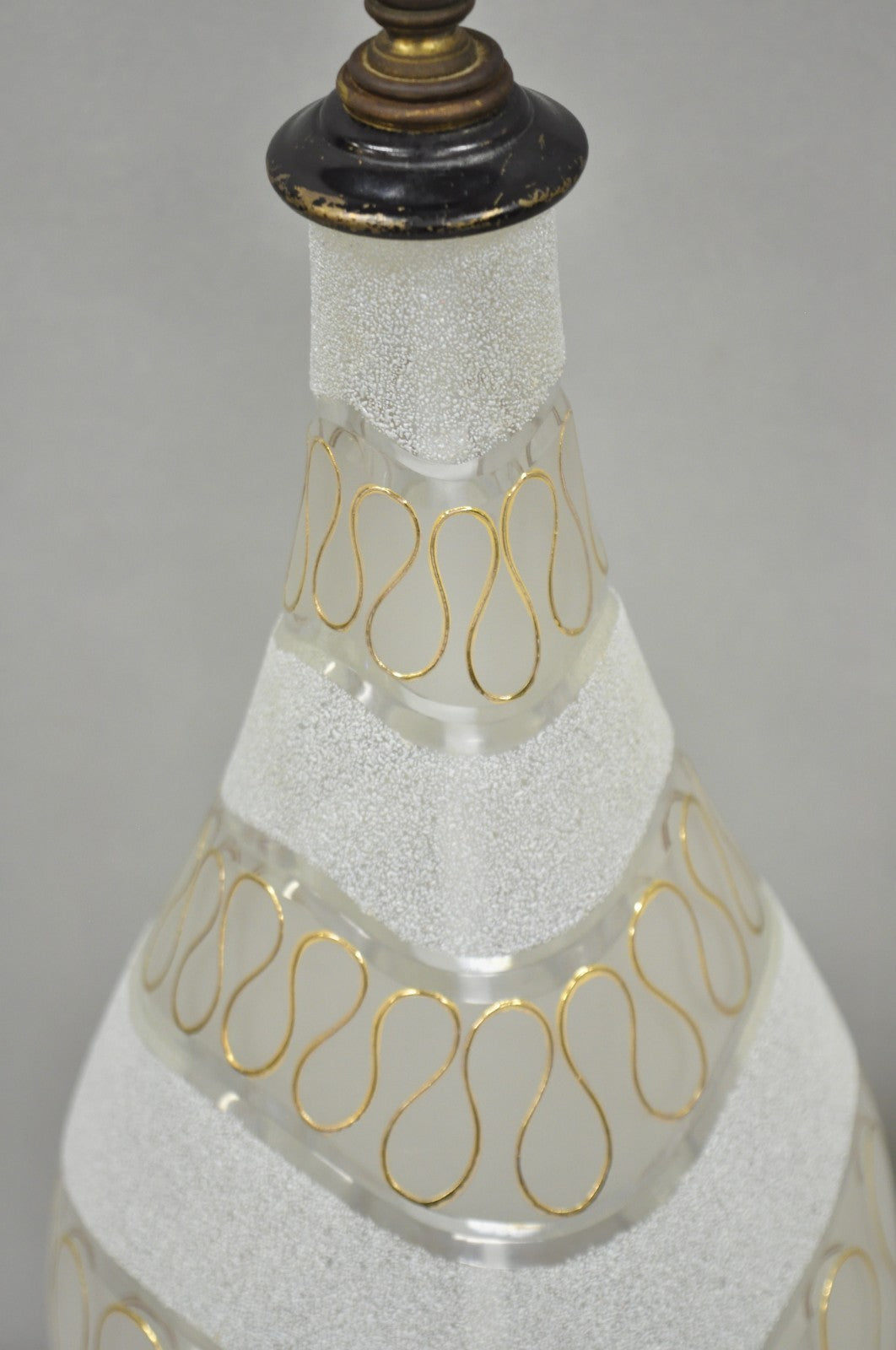 Vintage Mid Century Modern Sculpted Frosted Glass Gold Wavy Table Lamps - a Pair