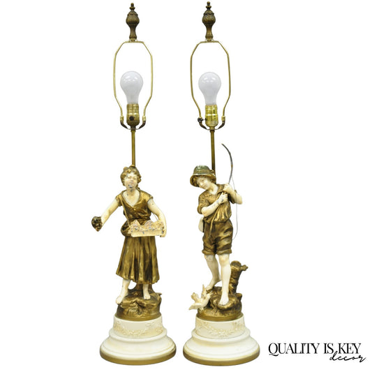 Antique French Victorian Moreau Figural Metal Boy and Girl Table Lamps (B), Pair