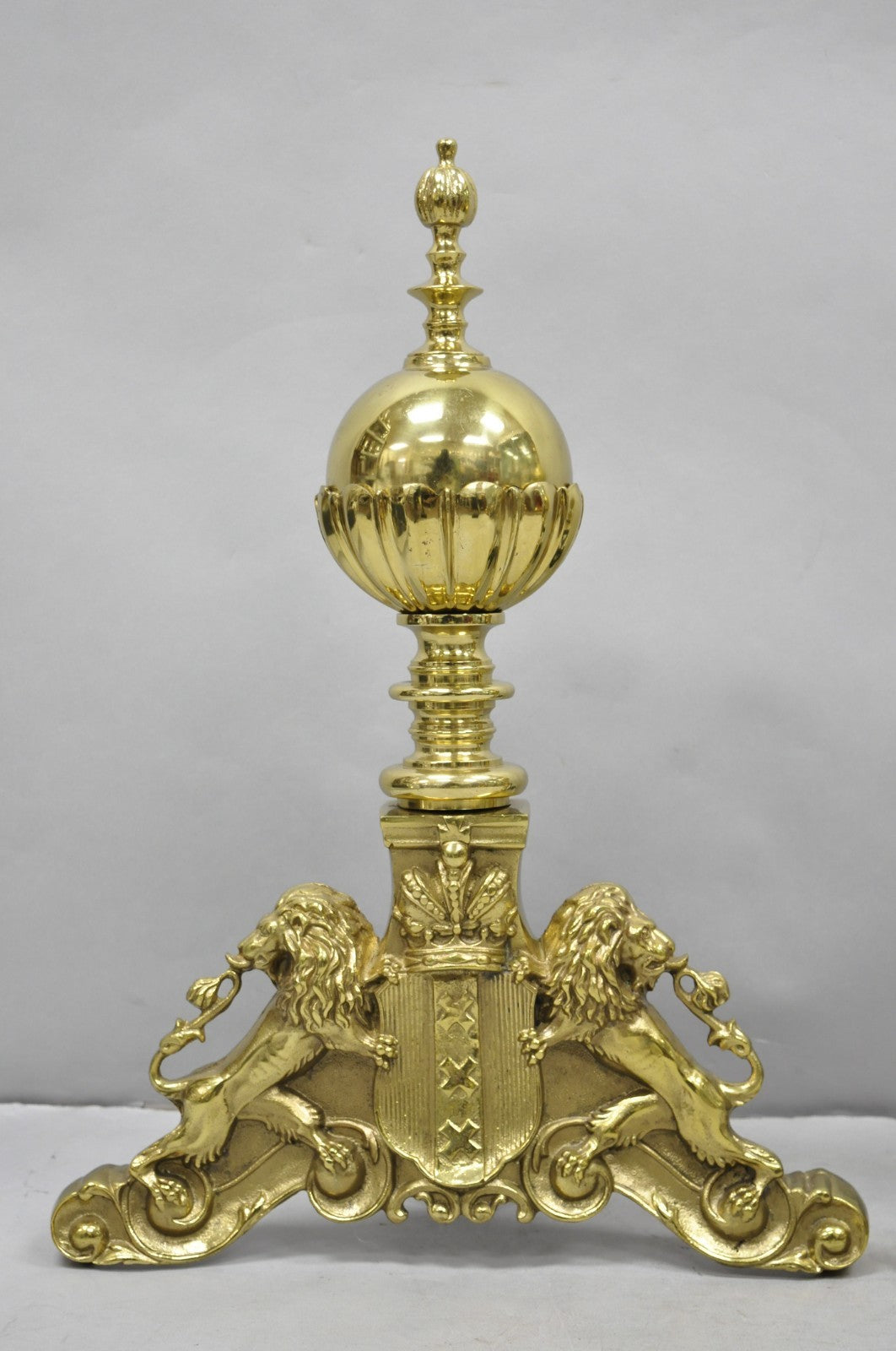 French Empire Renaissance Brass Lion Coat of Arms Cannonball Andirons - a Pair