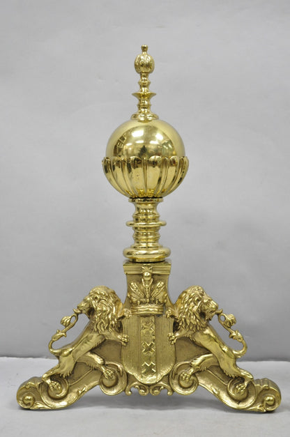 French Empire Renaissance Brass Lion Coat of Arms Cannonball Andirons - a Pair