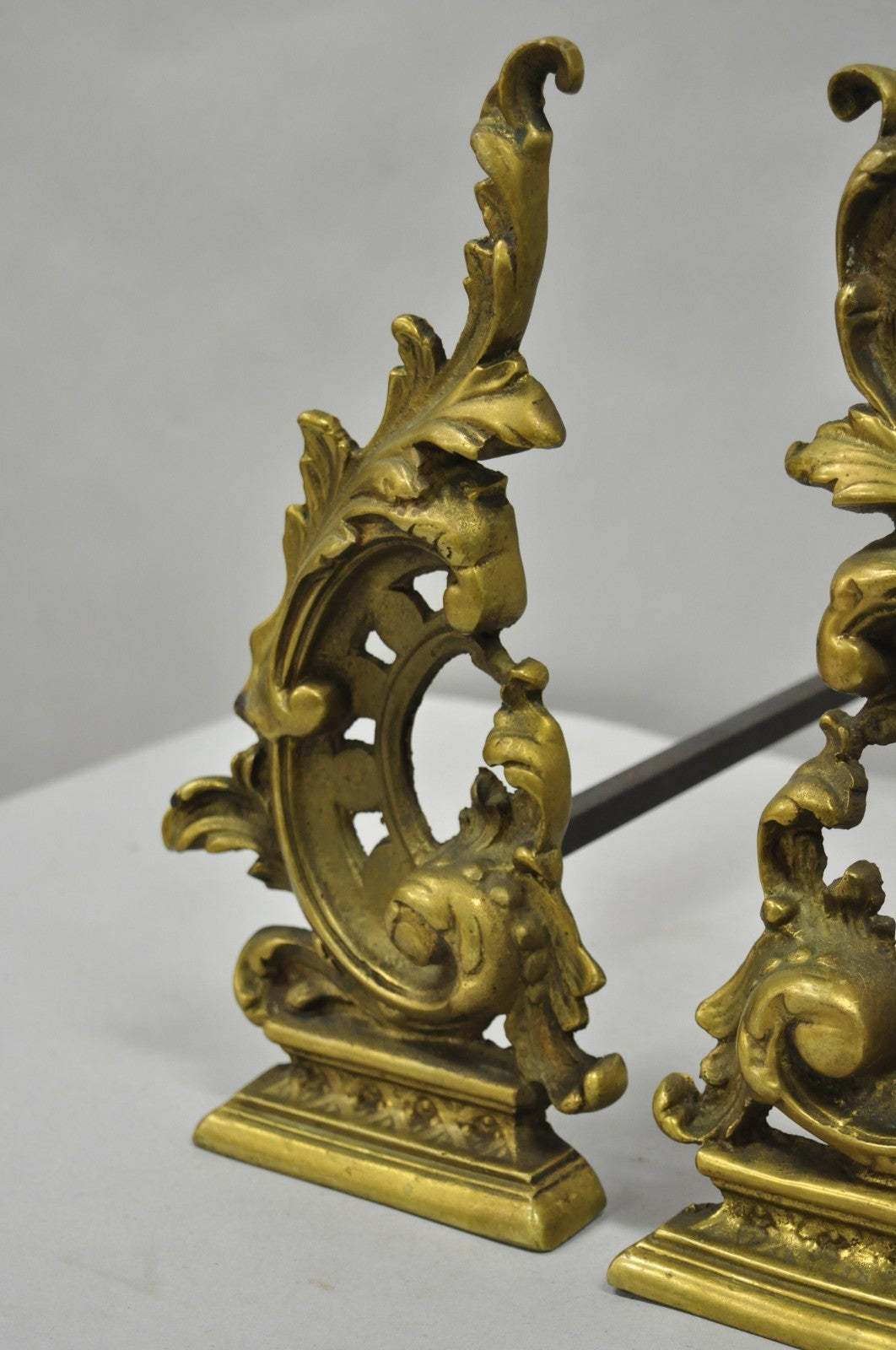Vintage French Rococo Style Small Brass Bronze Acanthus Leaf Andirons - a Pair