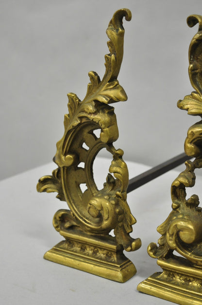 Vintage French Rococo Style Small Brass Bronze Acanthus Leaf Andirons - a Pair