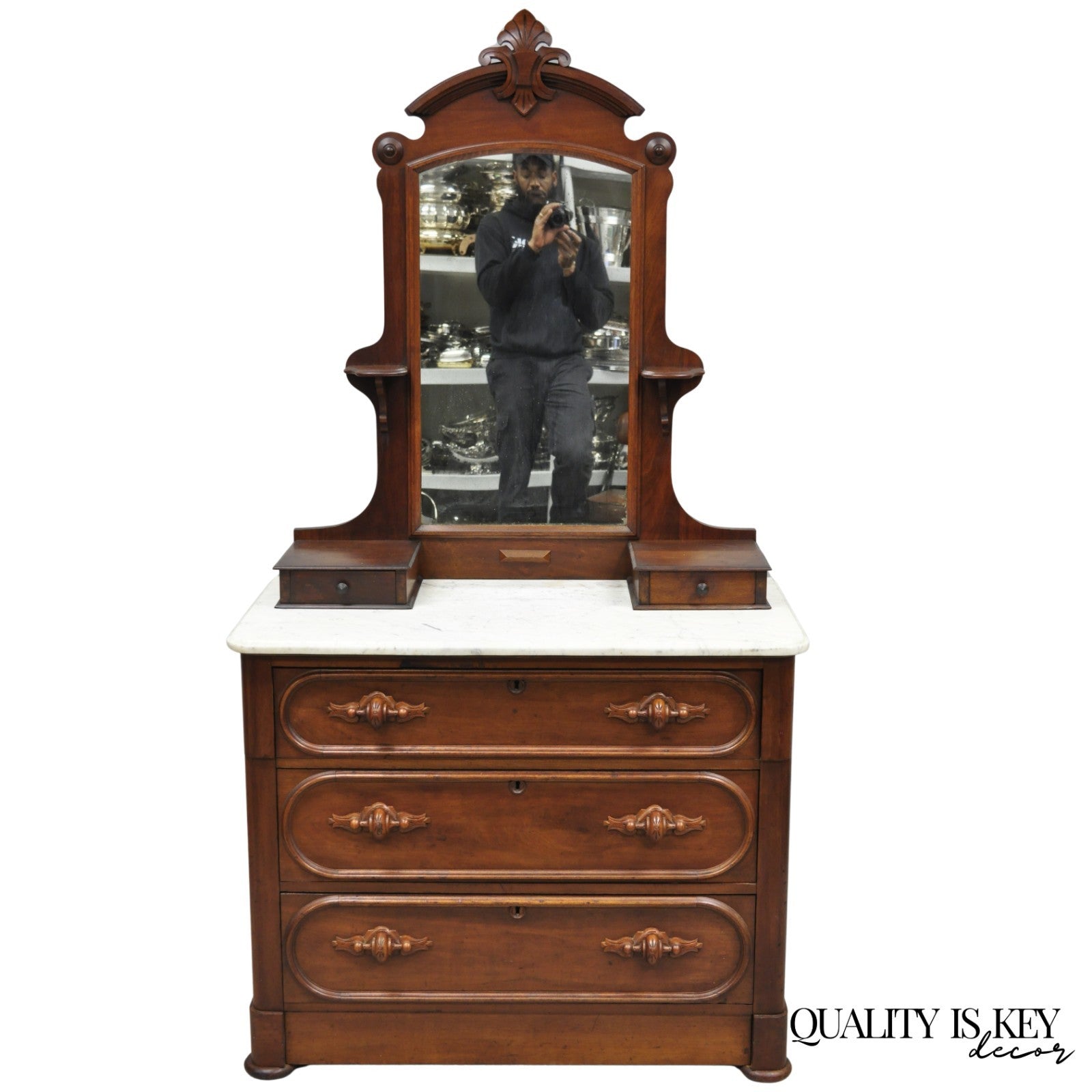 Antique Eastlake Victorian Carved Walnut Marble Top Washstand Dresser w/ Mirror
