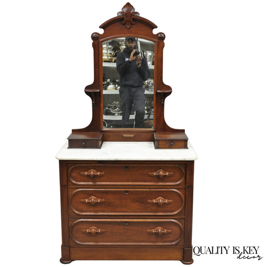 Antique Eastlake Victorian Carved Walnut Marble Top Washstand Dresser w/ Mirror