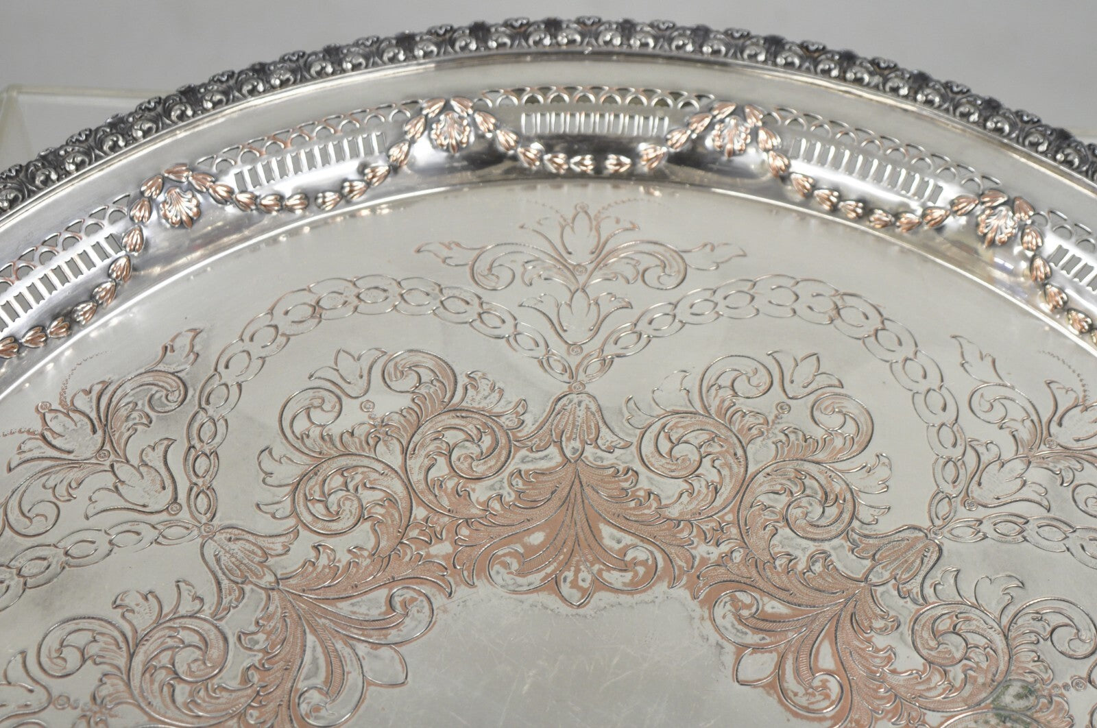 W.K. Cowan & Co 20" Round English Edwardian Silver Plated Footed Salver Tray