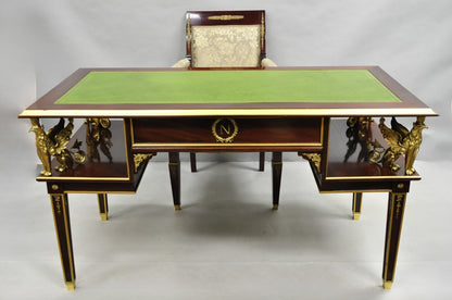 French Empire Revival Green Leather Top Bronze Griffin Mahogany Desk & Chair