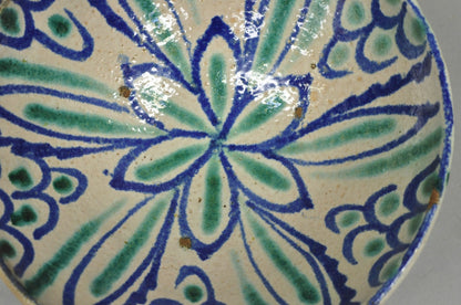 Antique Fajalauza Enamel Spanish Terracotta Pottery Blue Green Painted Bowl