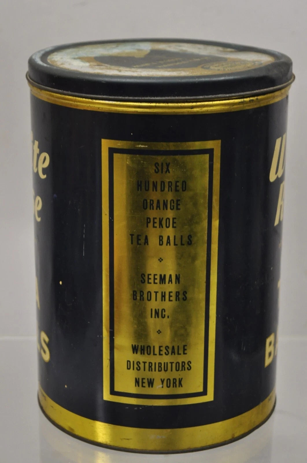 Vintage Art Deco White Rose Tea Balls 3 lb Tin Metal Container Can Advertisement