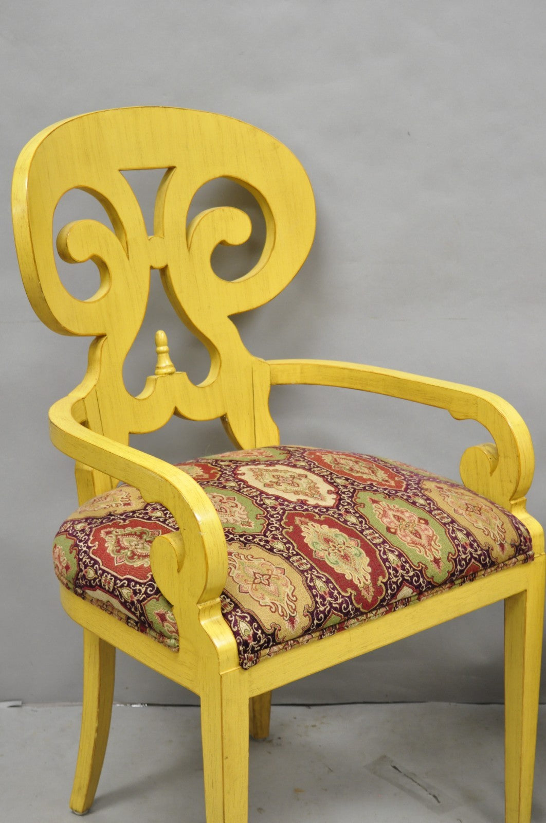Contemporary Regency Style Red Green Yellow Scroll Back Dining Chairs - Set of 8