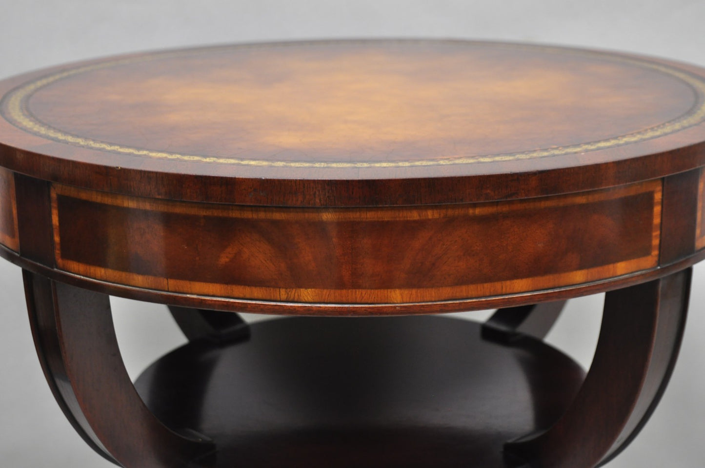Vintage Weiman French Regency Round Mahogany Leather Top Saber Leg Side Table
