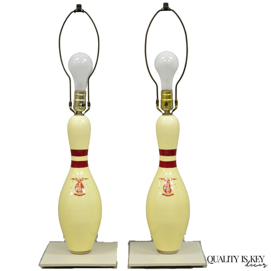 Vintage Mid Century Modern Bowling Pin Man Cave Game Room Table Lamps - a Pair
