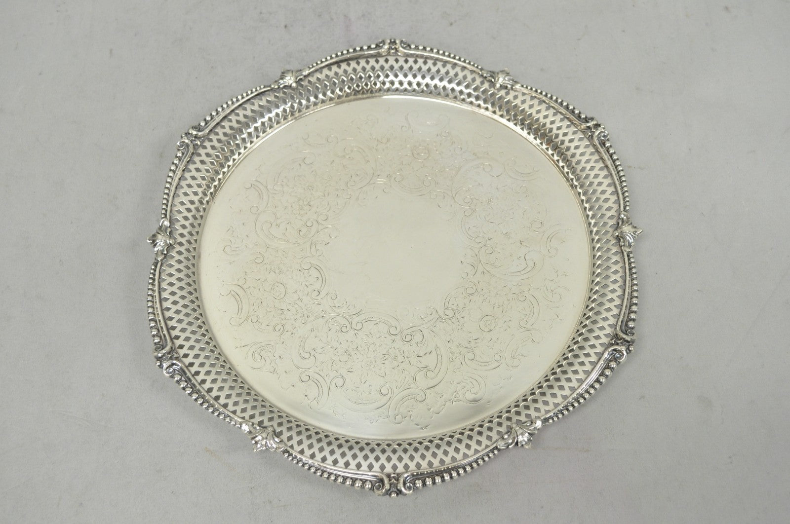 Vintage Barker Ellis English Edwardian Silver Plated Pierced Round Platter Tray