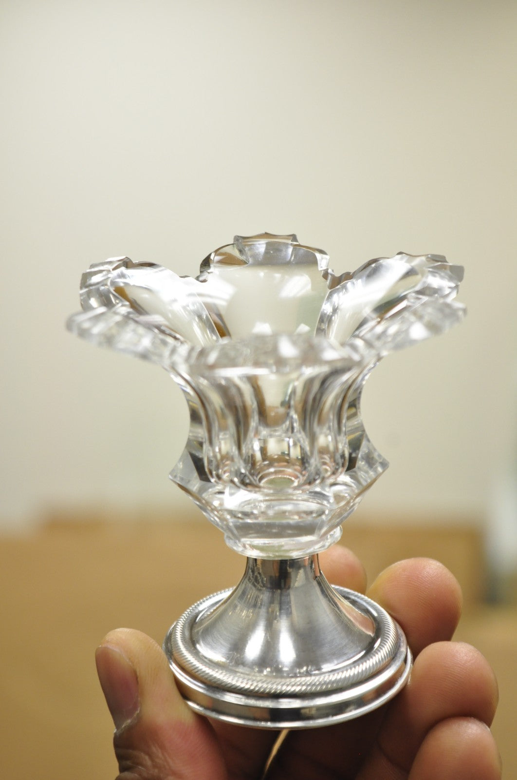 Antique English Victorian Crystal Glass & Silver Sweetmeat Candy Nut Dish, Set 6