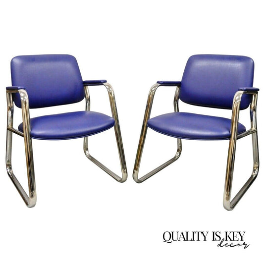 Vintage Lawsonia Stylex Blue Vinyl Chrome Frame Lounge Chairs - a Pair