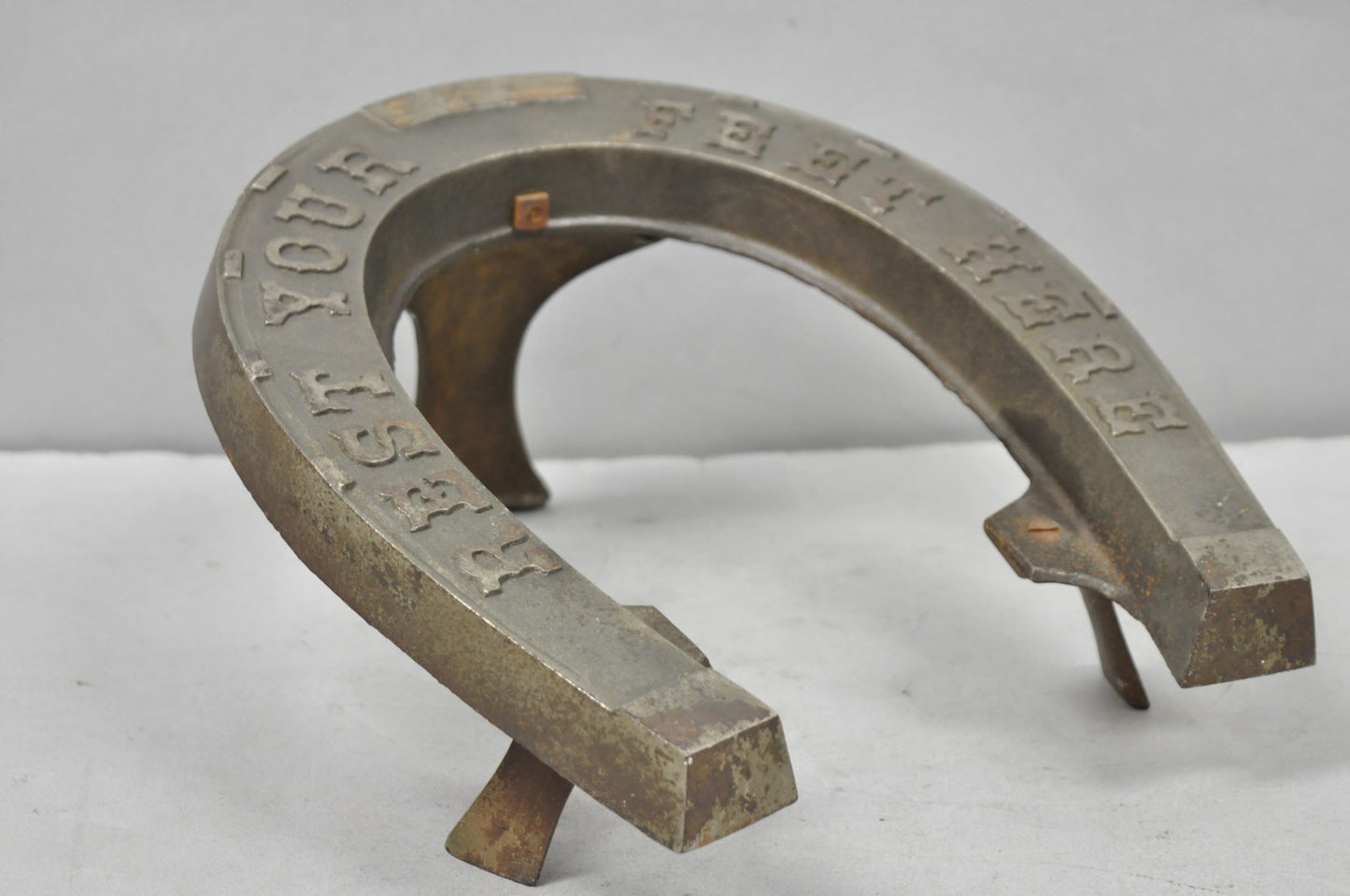 Antique Victorian Metal "Rest Your Feet Here" Cowboy Horseshoe Footstool Stool