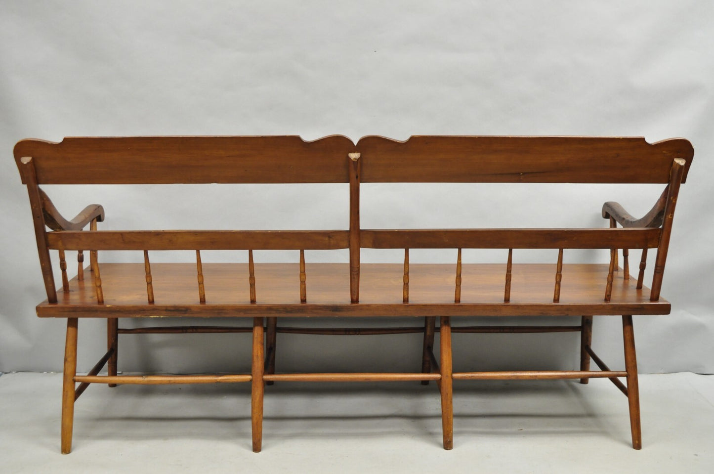 Antique American Colonial Farmhouse Spindle Back Pine Wood 8 Leg 72" Long Bench