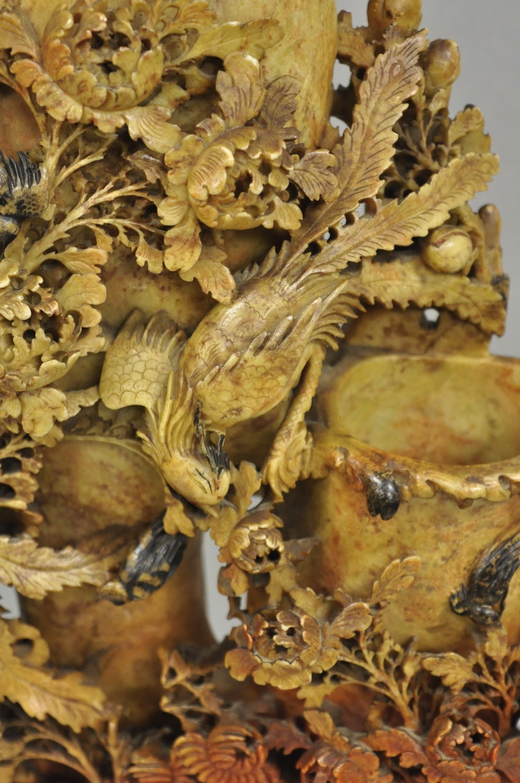 Antique Chinese Figural Carved Soapstone Large Table Lamp w/ Birds & Flowers