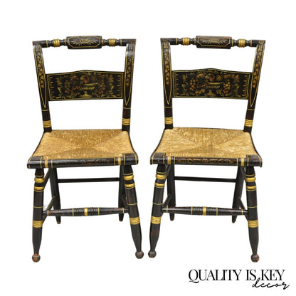 Antique Hitchcock Black and Gold Harvest Stencil Rush Side Chairs - a Pair