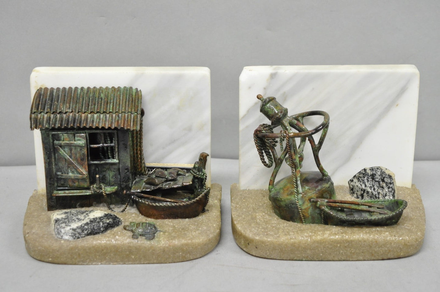 Curtis Clawson Mid Century Modern Brutalist Nautical Bronze & Marble Bookends