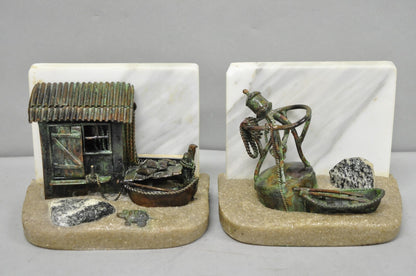 Curtis Clawson Mid Century Modern Brutalist Nautical Bronze & Marble Bookends