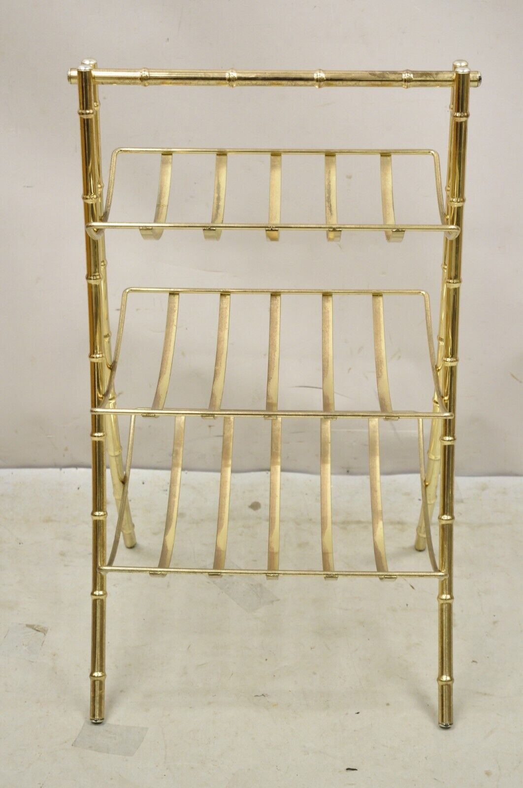 Vintage Gold Metal Faux Bamboo 3 Tier Hollywood Regency Magazine Rack Stand