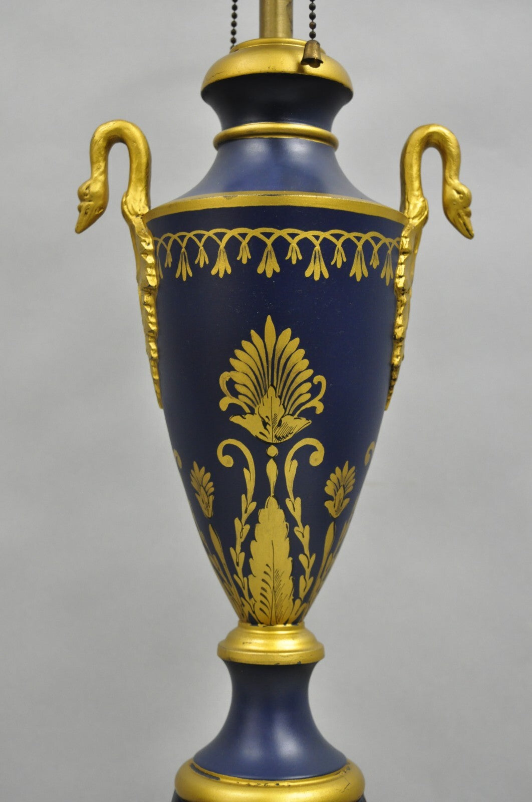 Vintage French Empire Blue Tole Metal Gold Swan Painted Urn Form Table Lamp