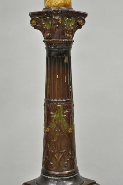 Antique French Empire Brown Painted Column Small Metal Table Lamps - a Pair