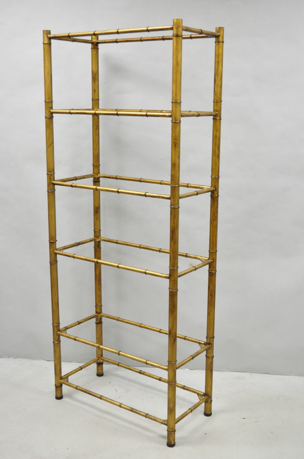 Vintage Hollywood Regency Gold Gilt Iron Metal Faux Bamboo Etagere Bookcase